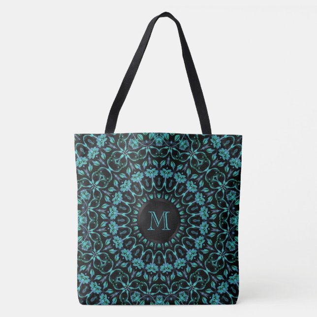 Teal Floral Mandala Monogram Tote Bag (Front)