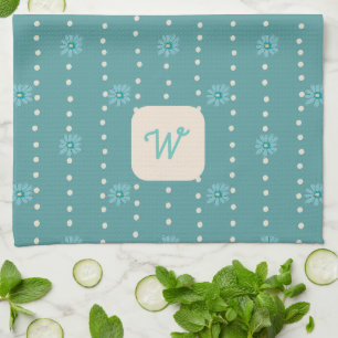 Teal Floral Monogram Kitchen Tea Towel