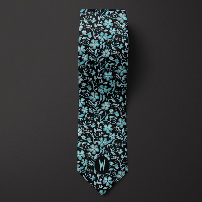 Teal Floral on Black Neck Tie (Creator Uploaded)