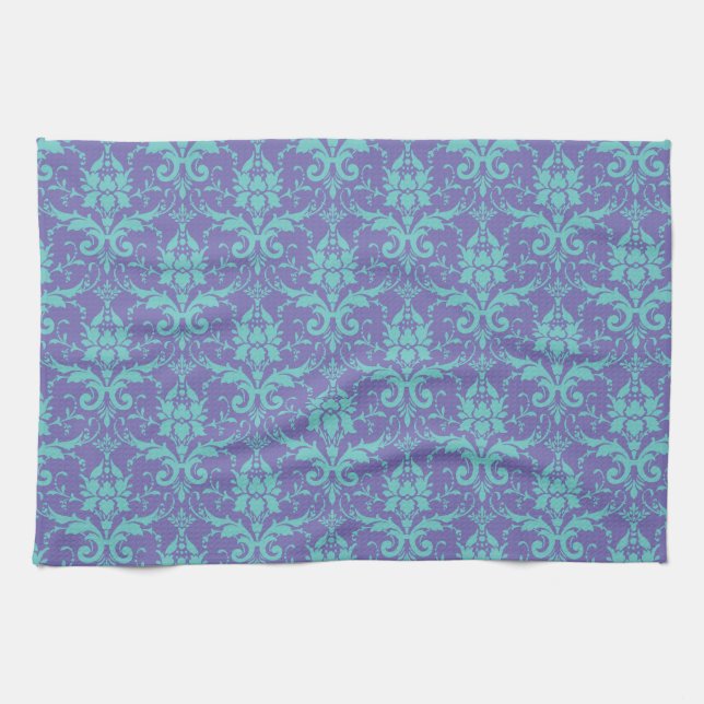 Teal Floral on Purple 2 Dish Cloth Hand Towel (Horizontal)