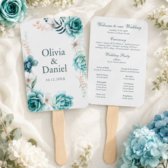 Teal Floral Outdoor Wedding Ceremony Program Fan (Teal Floral Outdoor Wedding Ceremony Program Fan)