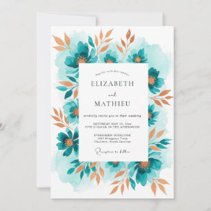 Teal Floral Painterly Romantic Wedding Invitation