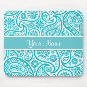 Teal Floral Paisley Monogram Pattern Mouse Pad