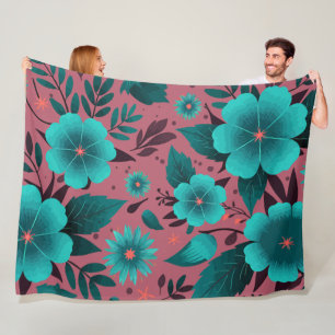 Teal Floral Pattern on Maroon Background Fleece Blanket