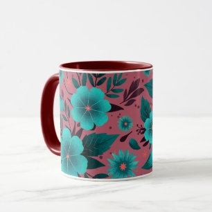 Teal Floral Pattern on Maroon Background Mug