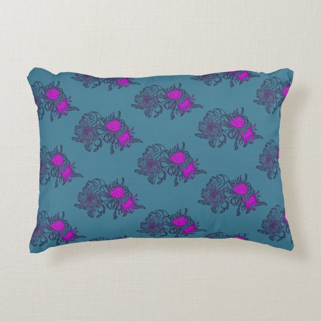 Teal Floral Pattern with Pink Accents Pillow (Front)
