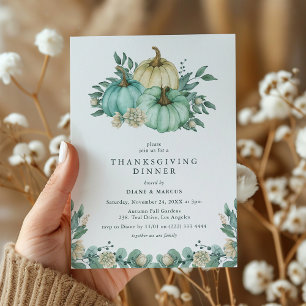 Teal Floral Pumpkin Thanksgiving Dinner Invitation