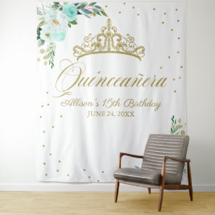Teal Floral Quinceanera Backdrop Tapestry