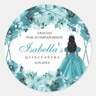 Teal Floral Quinceanera Classic Round Sticker