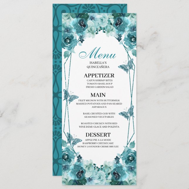 Teal Floral Quinceanera Menu  Invitation (Front/Back)