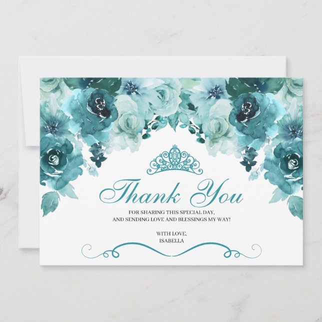 Teal Floral Quinceanera Thank You  Card (Front)