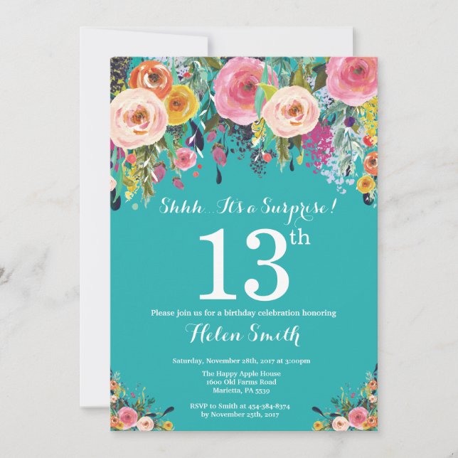 Teal Floral Surprise 13th Birthday Invitation (Front)