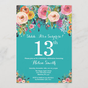 Teal Floral Surprise 13th Birthday Invitation