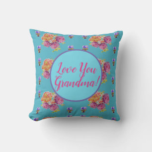 Teal  Floral Watercolour Love You Grandma Cushion