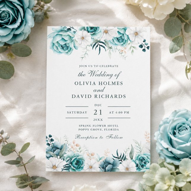 Teal Floral Wedding Invitation | Botanical (Teal Floral Wedding Invitation | Botanical)