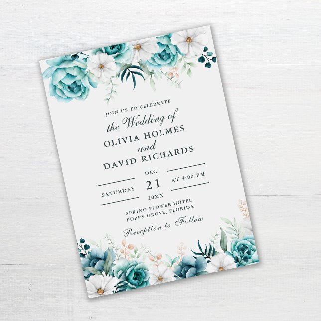 Teal Floral Wedding Invitation | Botanical (Teal and Off-White Floral Wedding Invitation on gray table)