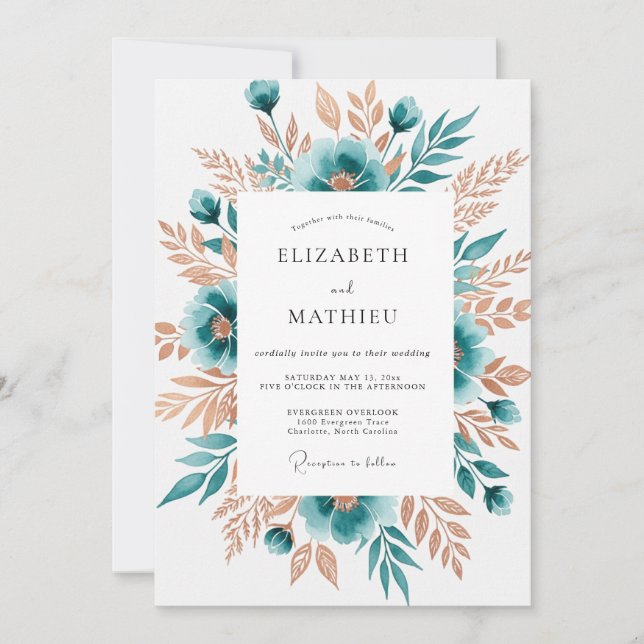 Teal Floral Whimsy Wedding Invitation (Front)