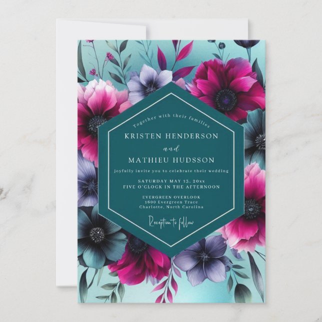 Teal Floral Whimsy Wedding Invitation (Front)