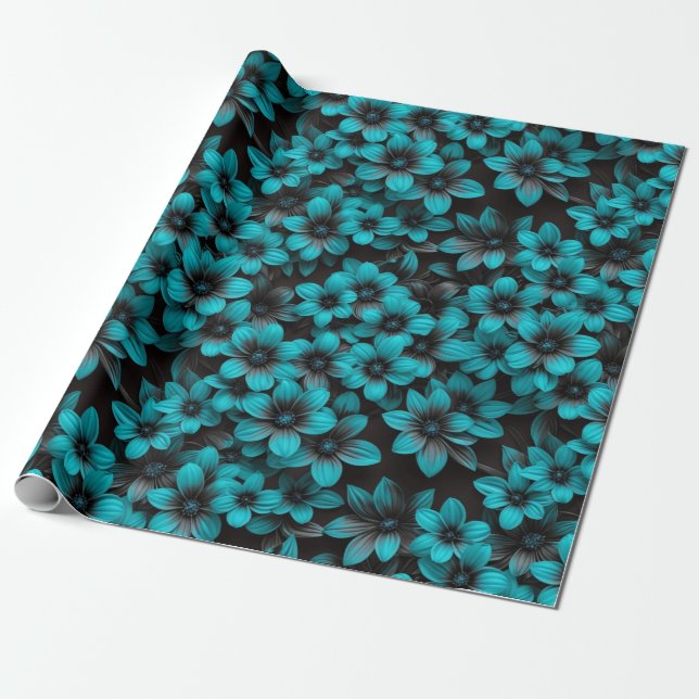 Teal Floral Wrapping Paper on Black (Unrolled)