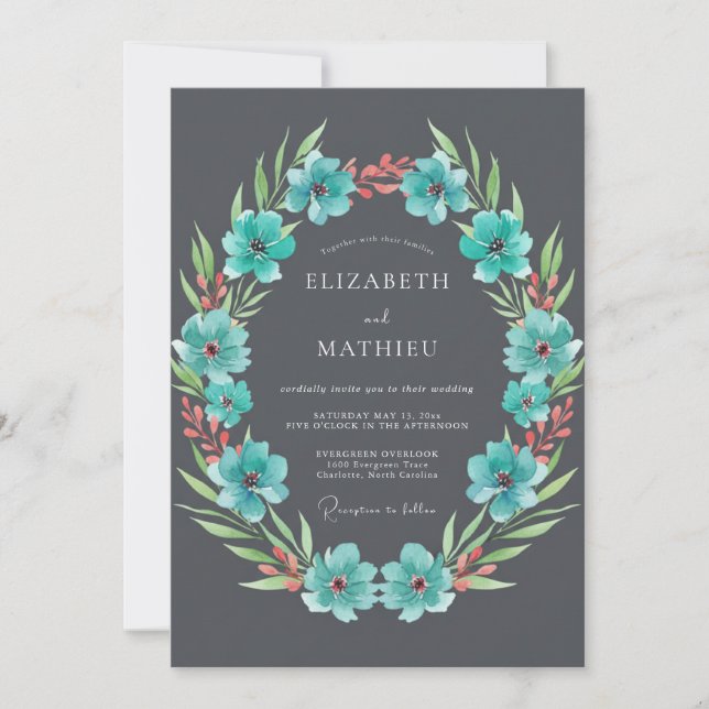 Teal Flourish Blossom Wedding Invitation (Front)
