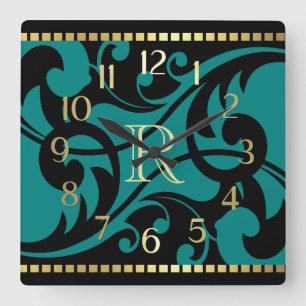 Teal Flourish Design Gold Border with Monogram Square Wall Clock