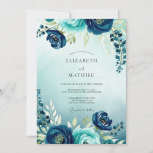 Teal Flourishing Watercolor Wedding Invitation