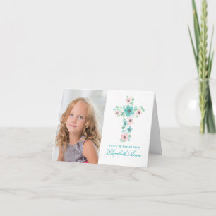 Teal Flower Cross First Communion Thank You Card