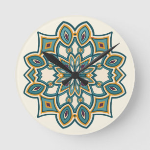 Teal Flower Mandala  Round Clock