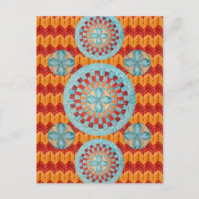 Teal Flower Orange Chevron Design Postcard (Front)