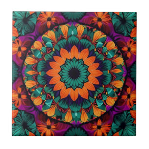 Teal flower with black centre ceramic tile