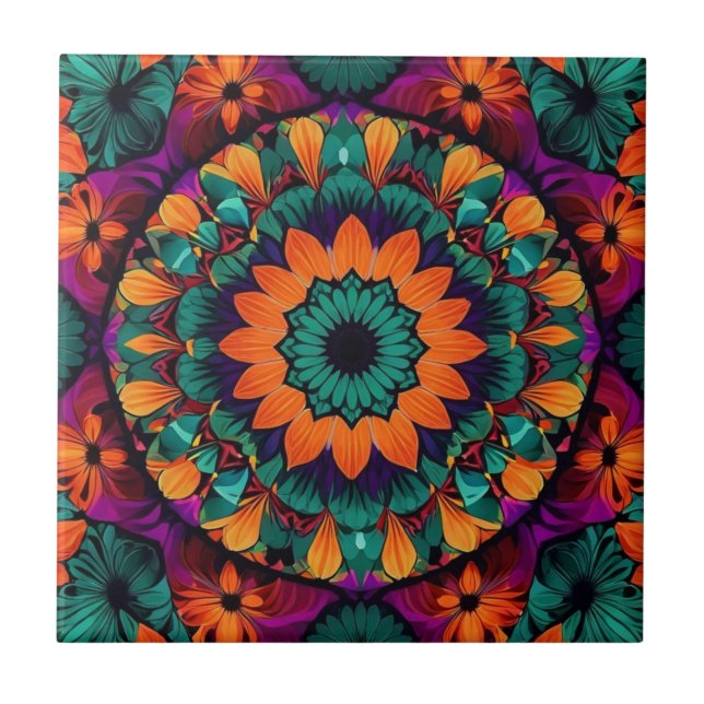 Teal flower with black centre ceramic tile (Front)