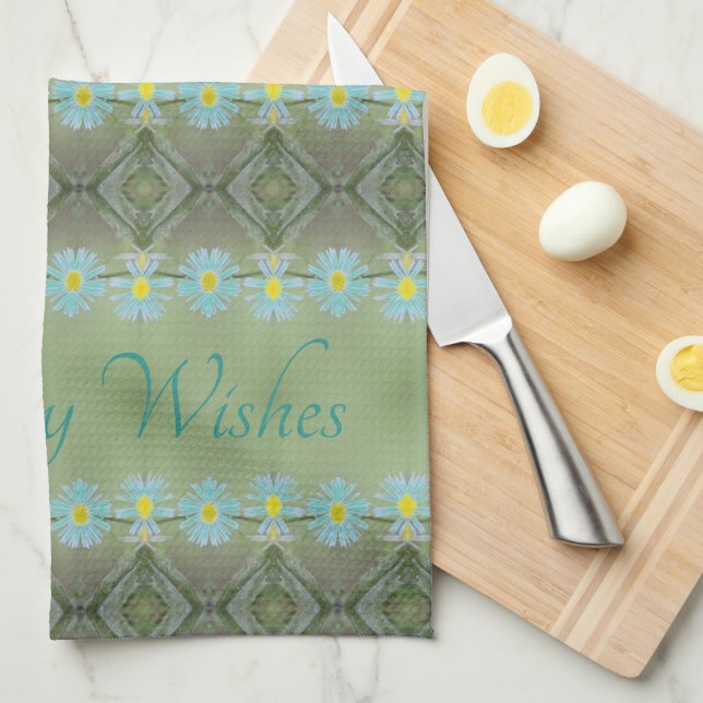 Teal flowered patterned design tea towel (Quarter Fold)