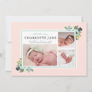 Teal Flowers Baby Photo Collage Birth Announcement