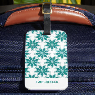 Teal flowers custom name white luggage tag