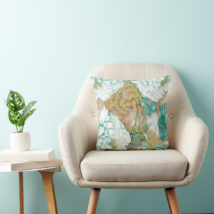 Teal Flowers over Watercolor Pink Cushion