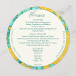 Teal Flowers Wedding Circle Menu Card<br><div class="desc">Wedding Menu Card with floral patterns,  teal coloured flowers with golden foil streaks and rust and yellow gold foil paper background. Beautiful artistic floral Wedding Menu Card. Vintage watercolor Wedding Menu Card. Teal and Golden Collection.</div>