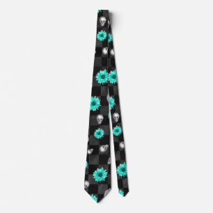 Teal Flowers with Skulls on Black and Grey Chequer Tie