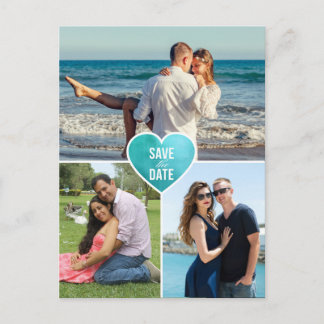 Teal foil love heart wedding save the date announcement postcard