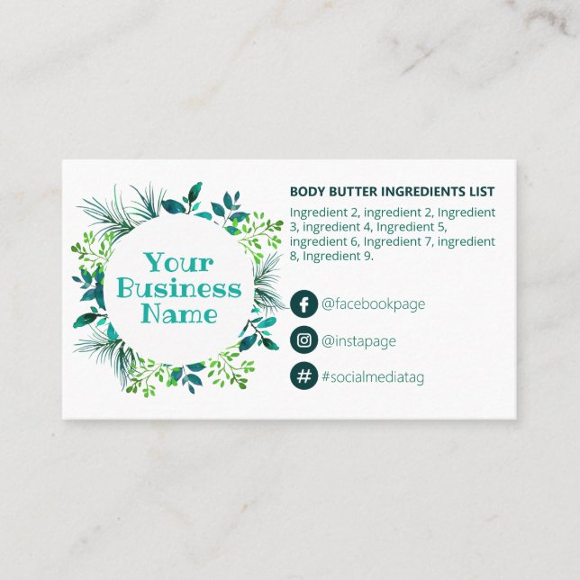 Teal Foliage Ingredients Instructions Business Card (Front)