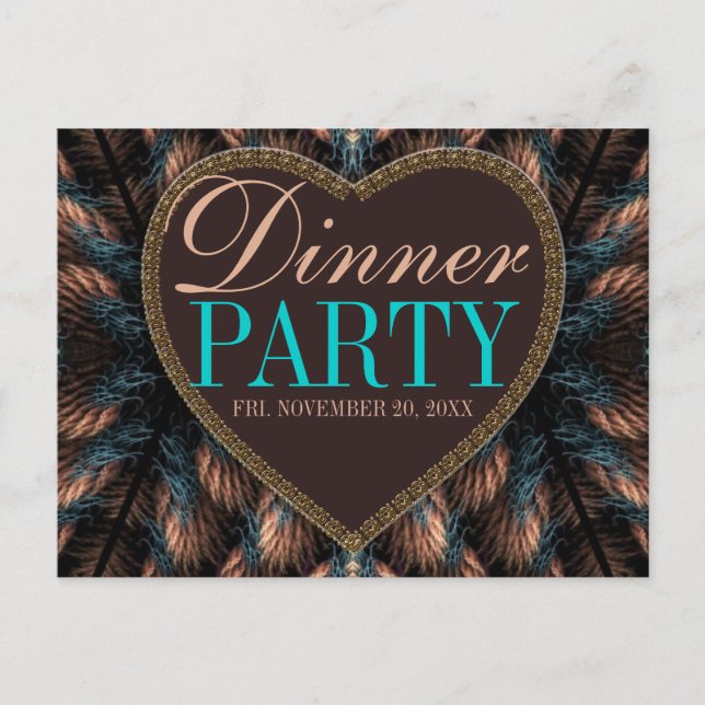 Teal Fractal Feathers Dinner Party Invitation Postcard (Front)