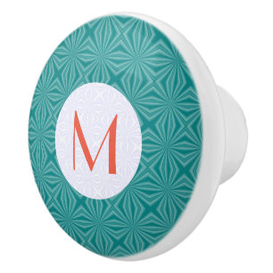 Teal Fractal Red Monogram White Circle Ceramic Knob