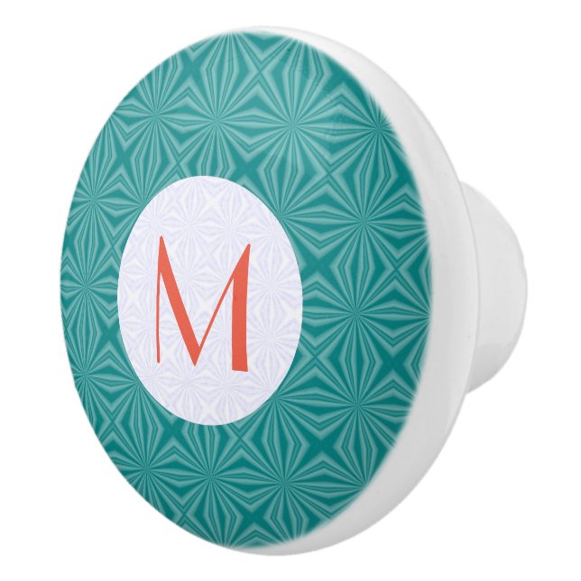 Teal Fractal Red Monogram White Circle Ceramic Knob (Right)
