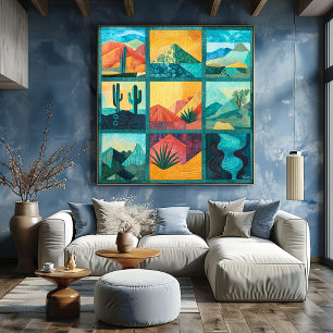 Teal Framed Desert Art Grid – Colourful Geometric Poster