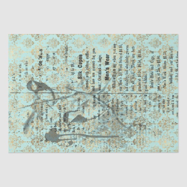 Teal french Birds 10lb 15 x 20 decoupage Tissue Paper (Front)