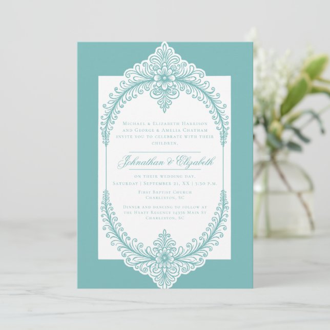 Teal French Flourish Frame Wedding Invitation (Standing Front)