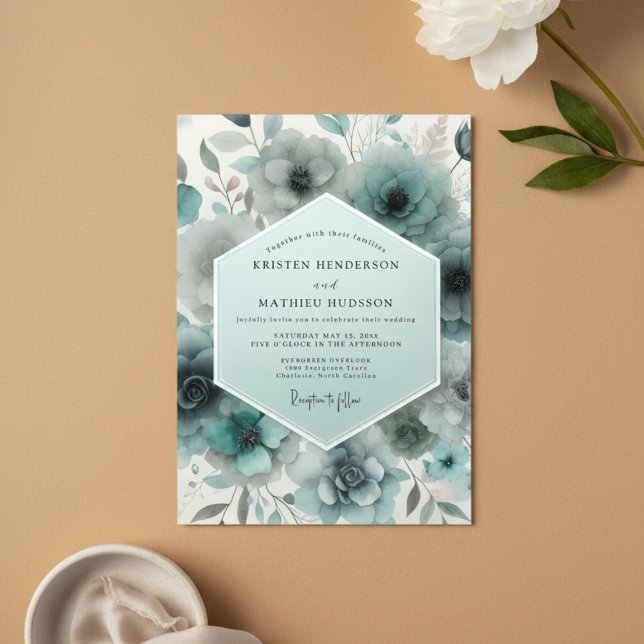 Teal Frosted Floral Wedding Invitation (Creator Uploaded)
