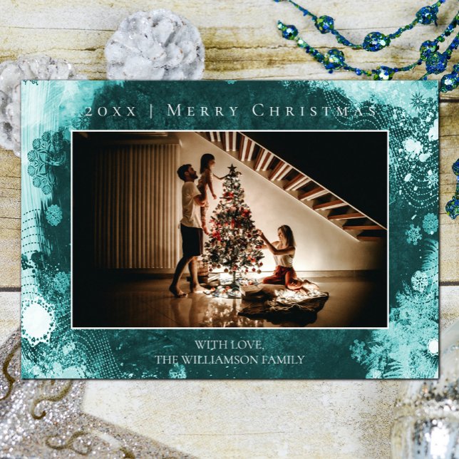 Teal Frosted Snowflakes Christmas Photo Card (Teal Frosted Snowflakes Christmas Photo Card)