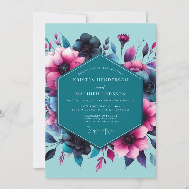 Teal Fuchsia Moody Bloom Wedding Invitation (Front)