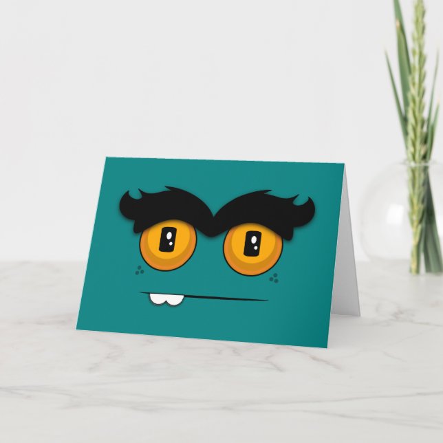 Teal Funny Face With A Unibrow Birthday Card (Front)