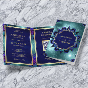 Teal Galaxy Blue Mandala QR Code Indian Wedding Invitation